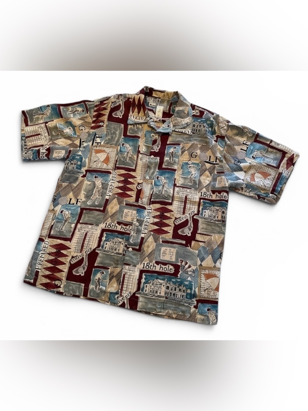 Vintage Burma Bibas Golf Print Silk Shirt Mens M 90s Korea Camp Resort Button Up